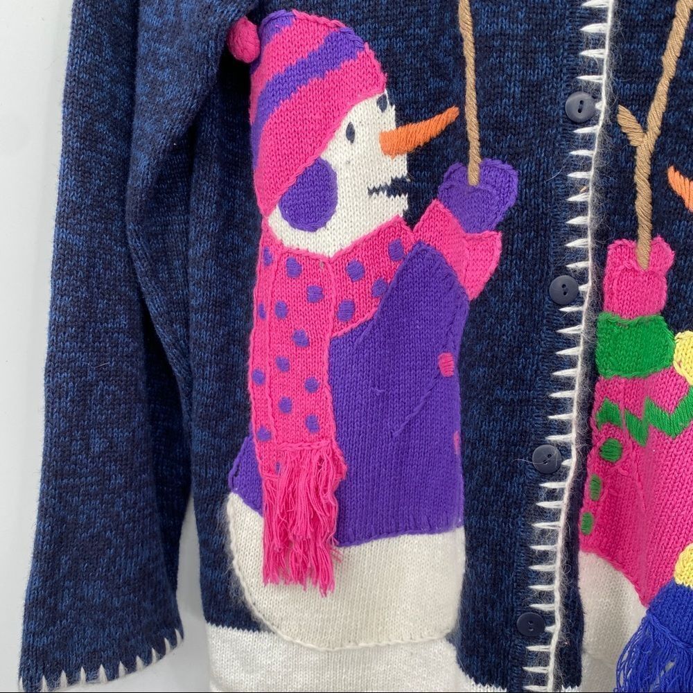 Quacker Factory Snowman Cardigan holiday sweater winter snow blue tassel medium - Picture 6 of 12
